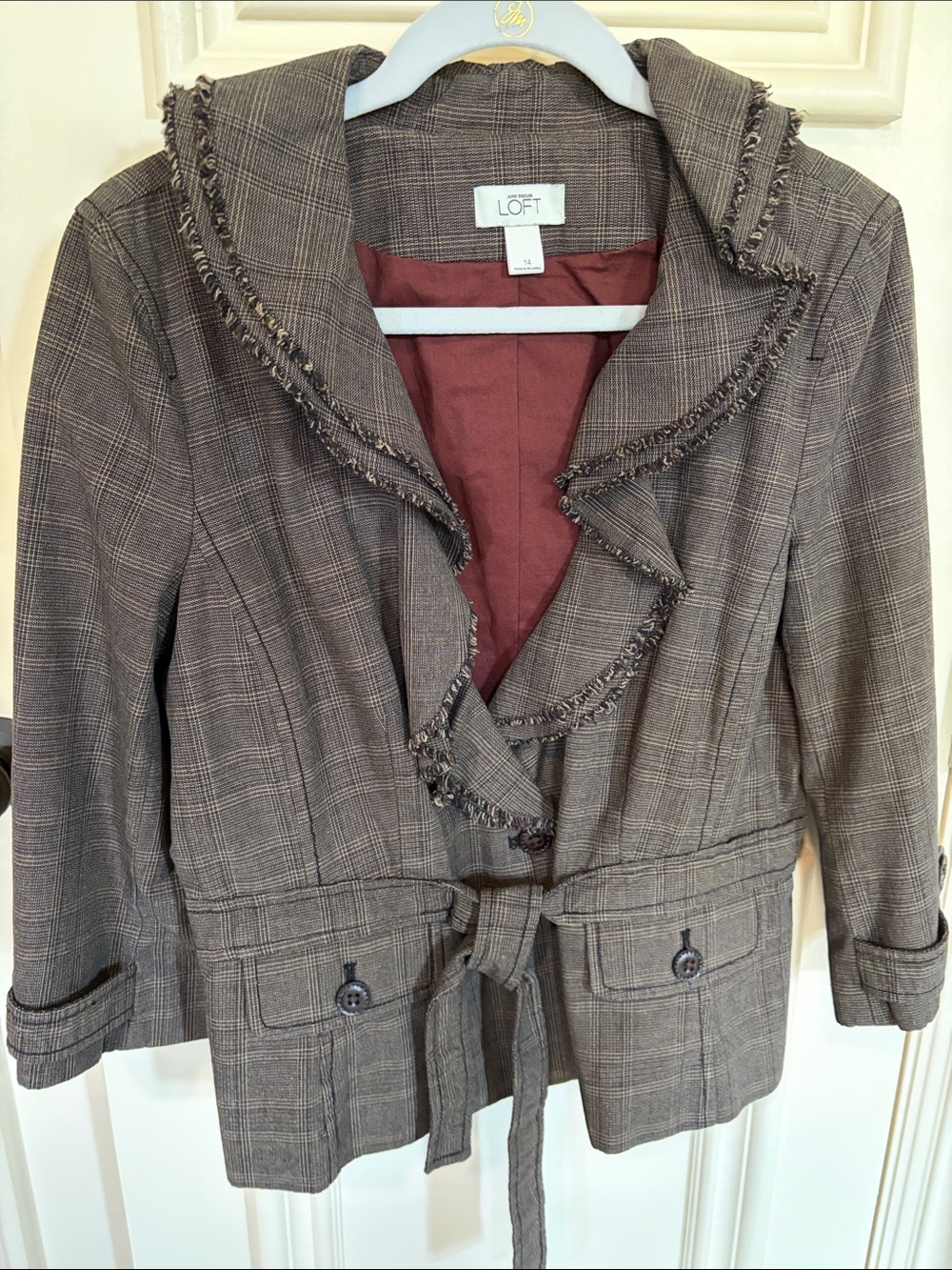 LOFT Brown Plaid Fringed-Trim Tie-Waist Blazer